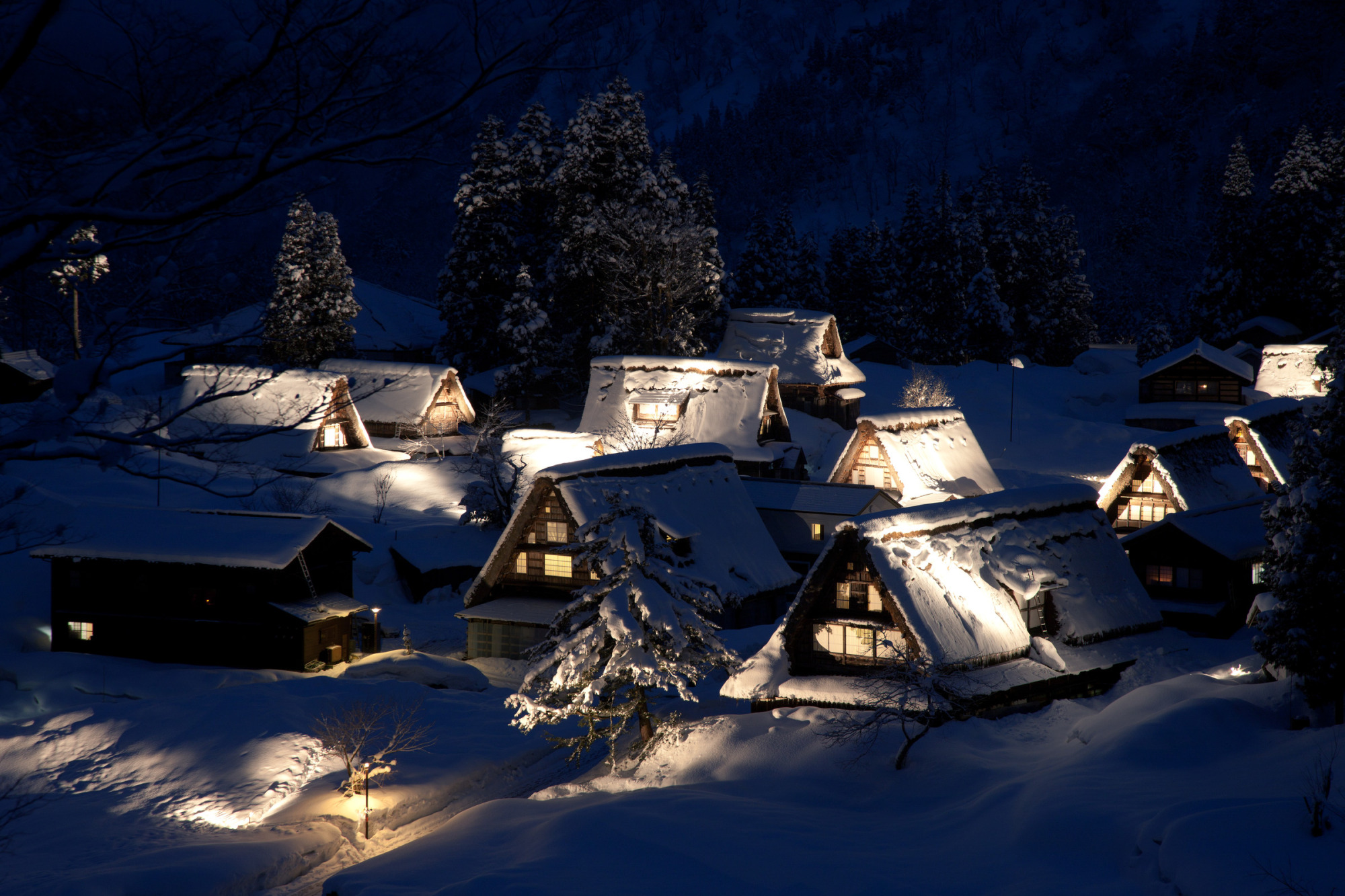 冬の五箇山のライトアップは息を吞む美しさ。　写真提供：（公社）とやま観光推進機構